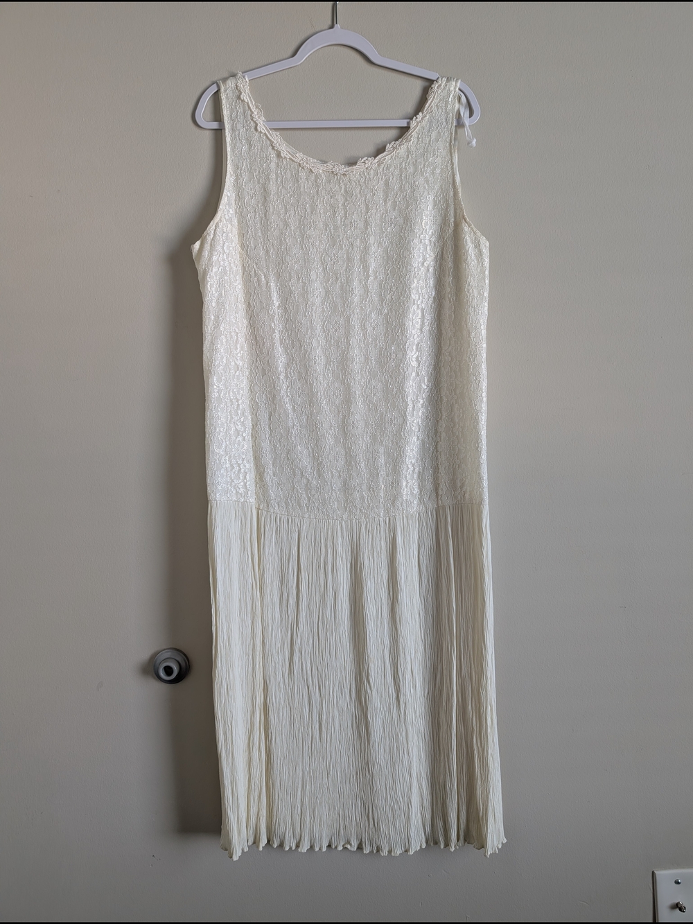 Vintage 70s Ivory Cream Lace Dress Wedding Bachelorette Size 16 Drop Waist